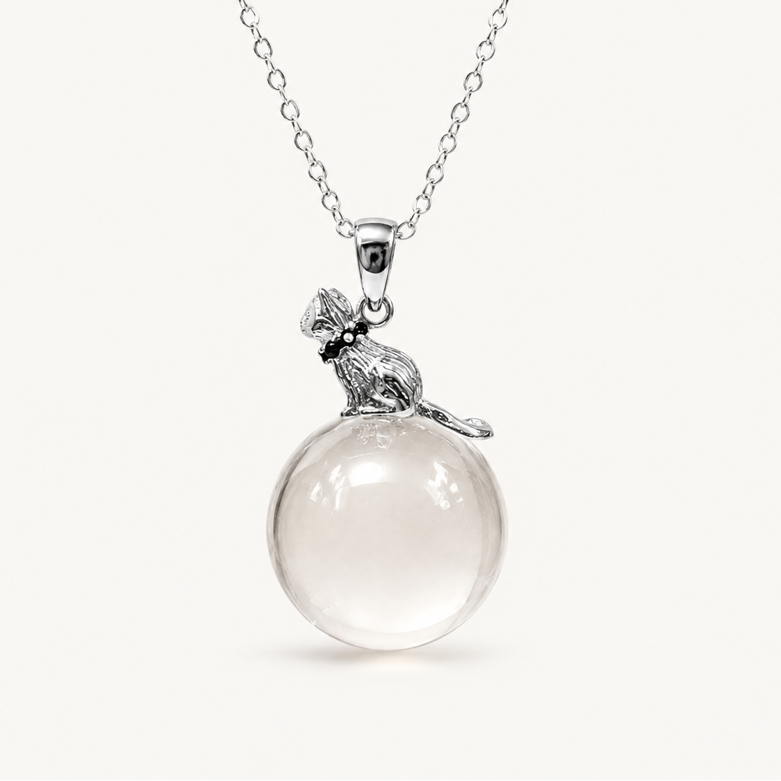 Natural Clear Quartz Sphere Cat Pendant Necklace