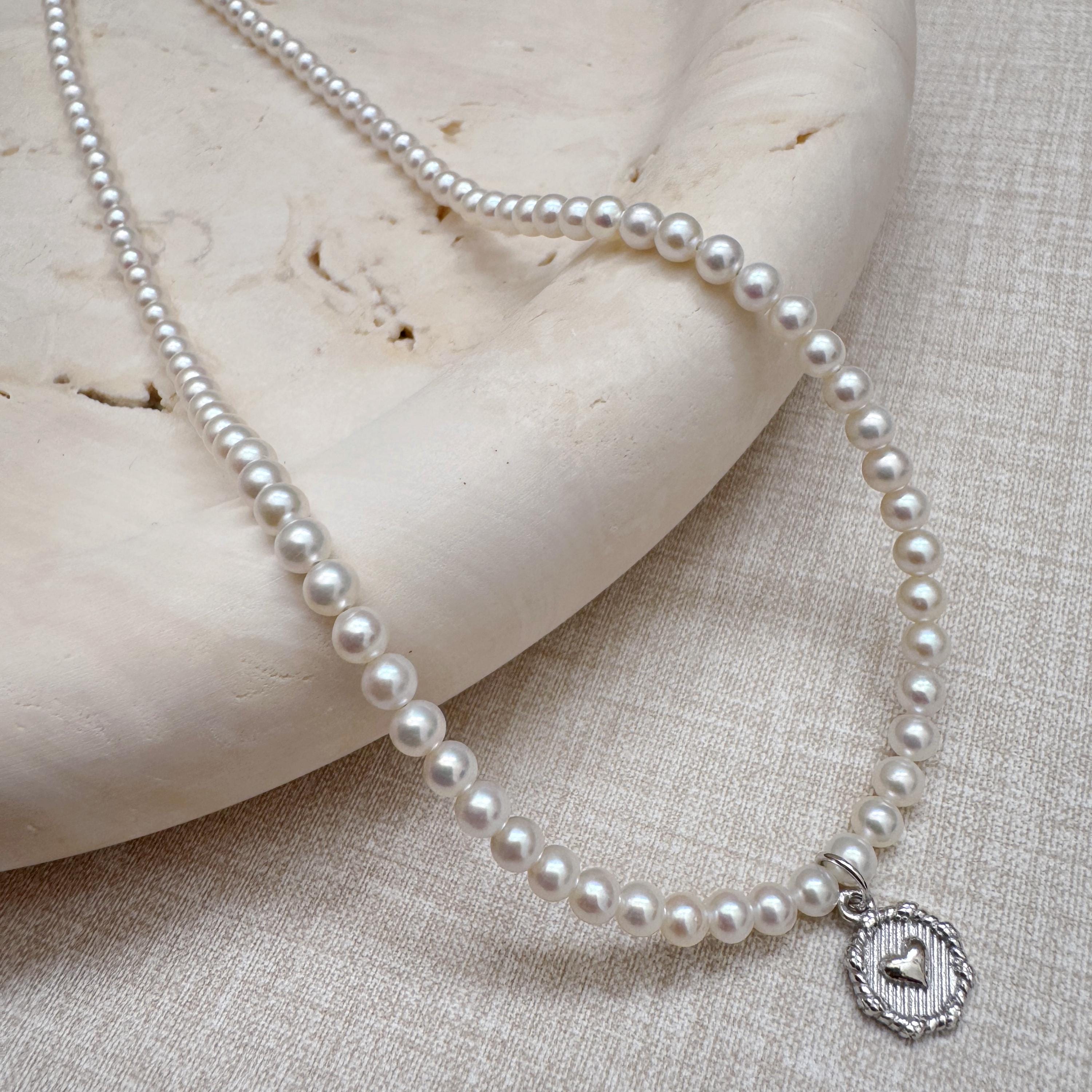 Pearl Necklace with Sterling Silver Heart Pendant