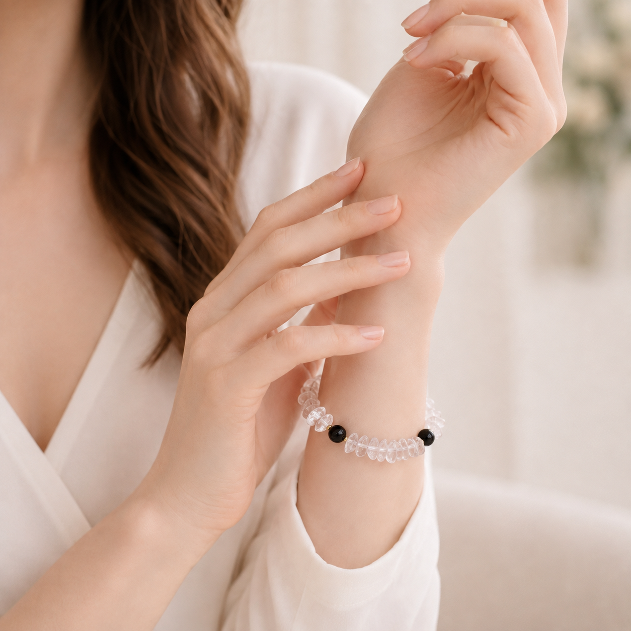 Natural Clear Quartz & Black Obsidian Bracelet