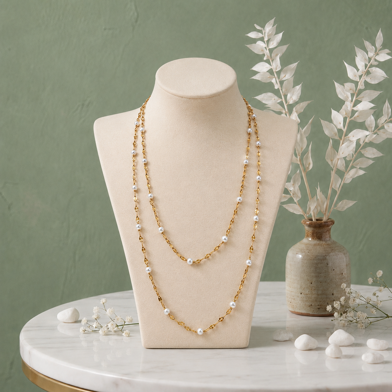 18K Gold Plated Sparkle Lip Chain Long Pearl Necklace