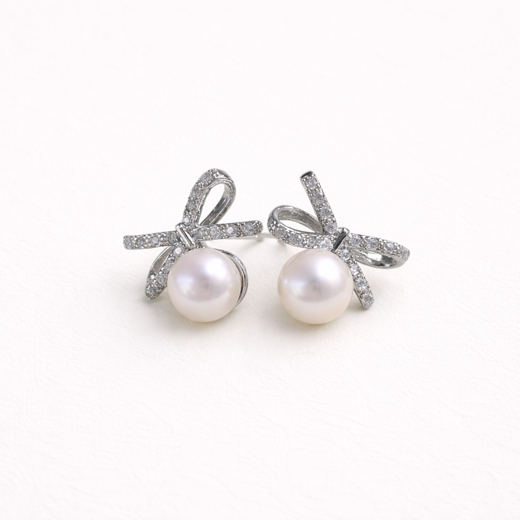 Natural Freshwater Aurora Pearl  Bow Stud Earrings