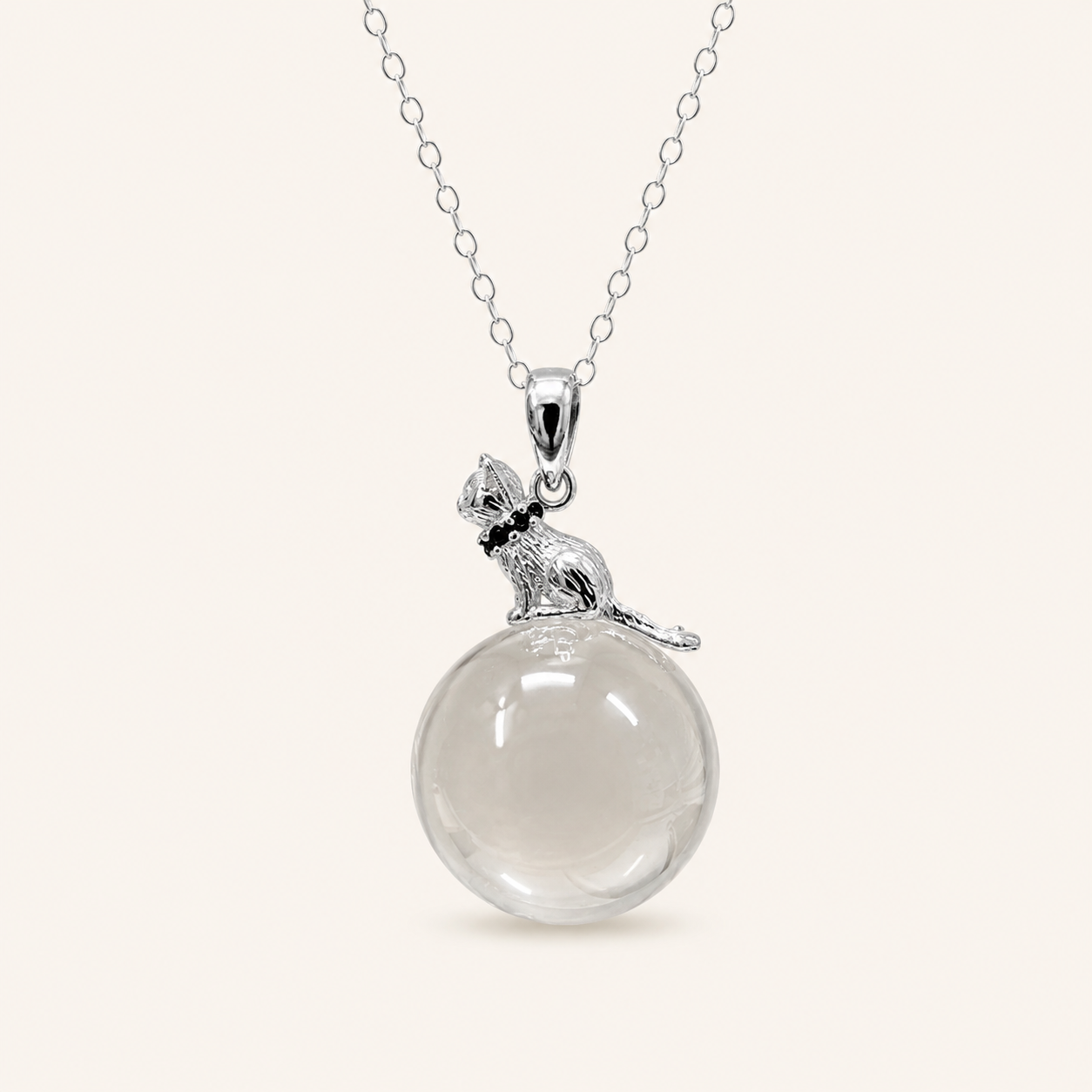 Natural Clear Quartz Sphere Cat Pendant Necklace