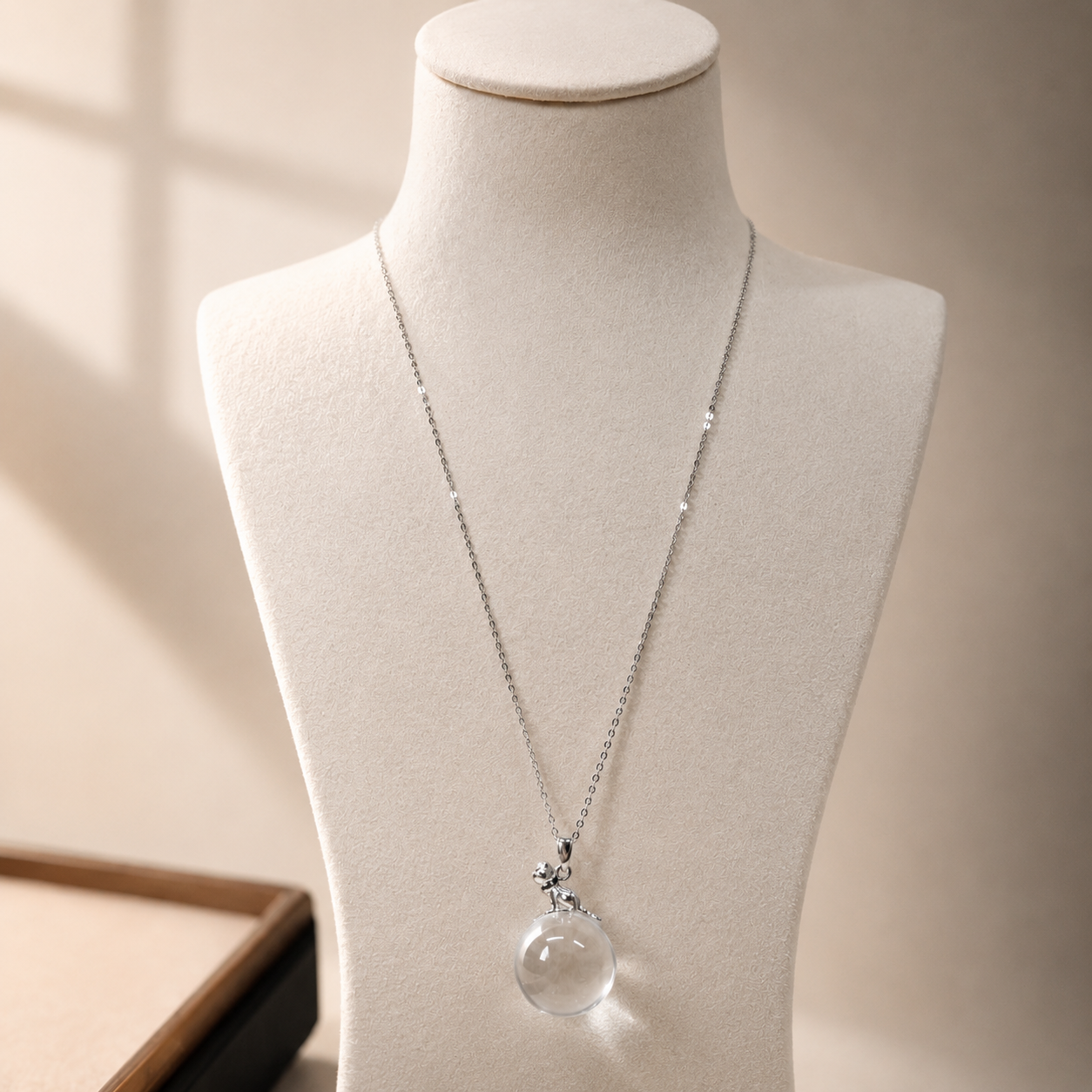 Natural Clear Quartz Sphere Cat Pendant Necklace