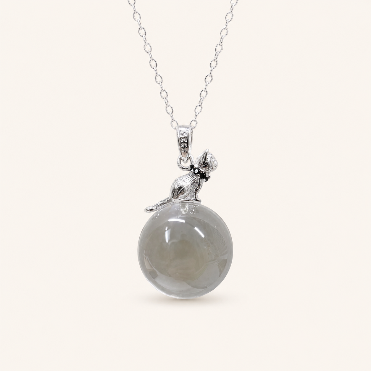 Natural Clear Quartz Sphere Cat Pendant Necklace