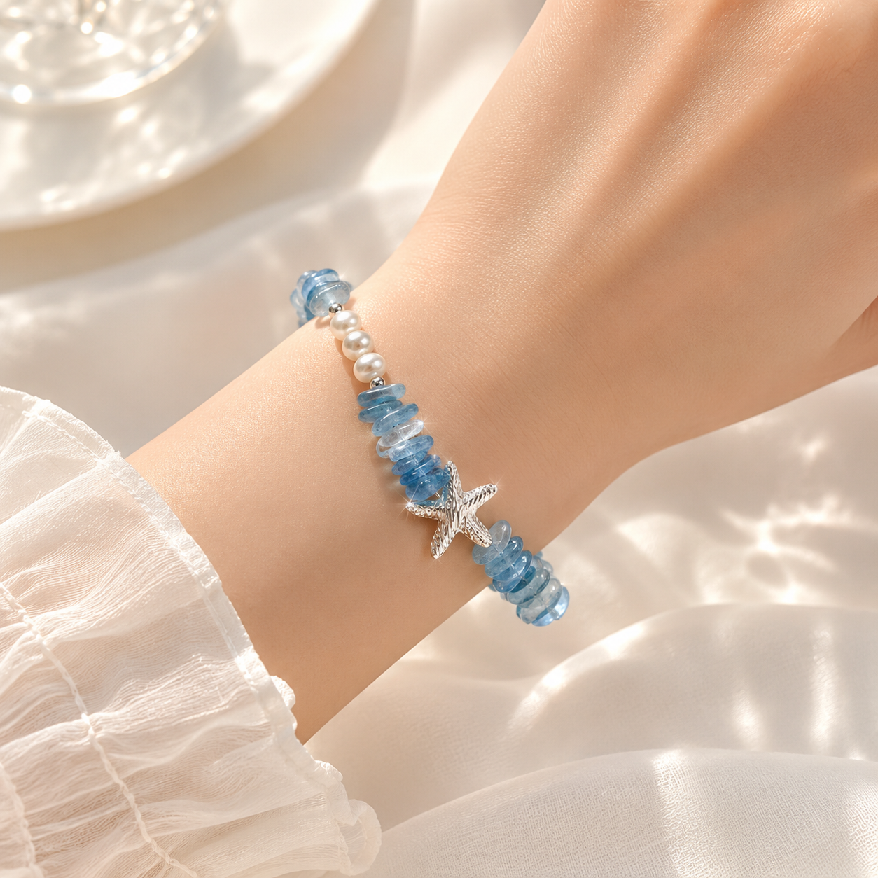 Natural Aquamarine & Freshwater Pearl Starfish Bracelet