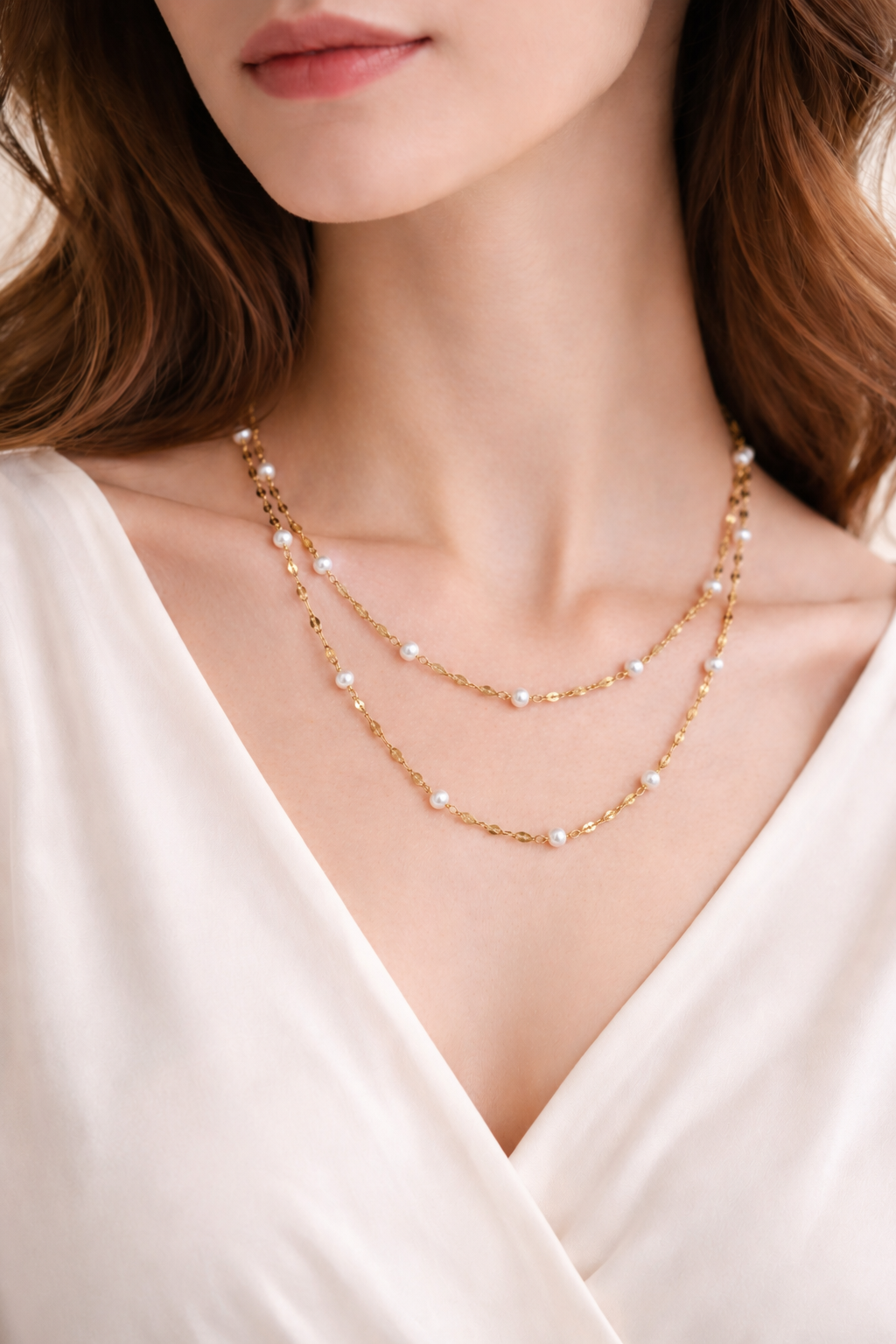 18K Gold Plated Sparkle Lip Chain Long Pearl Necklace