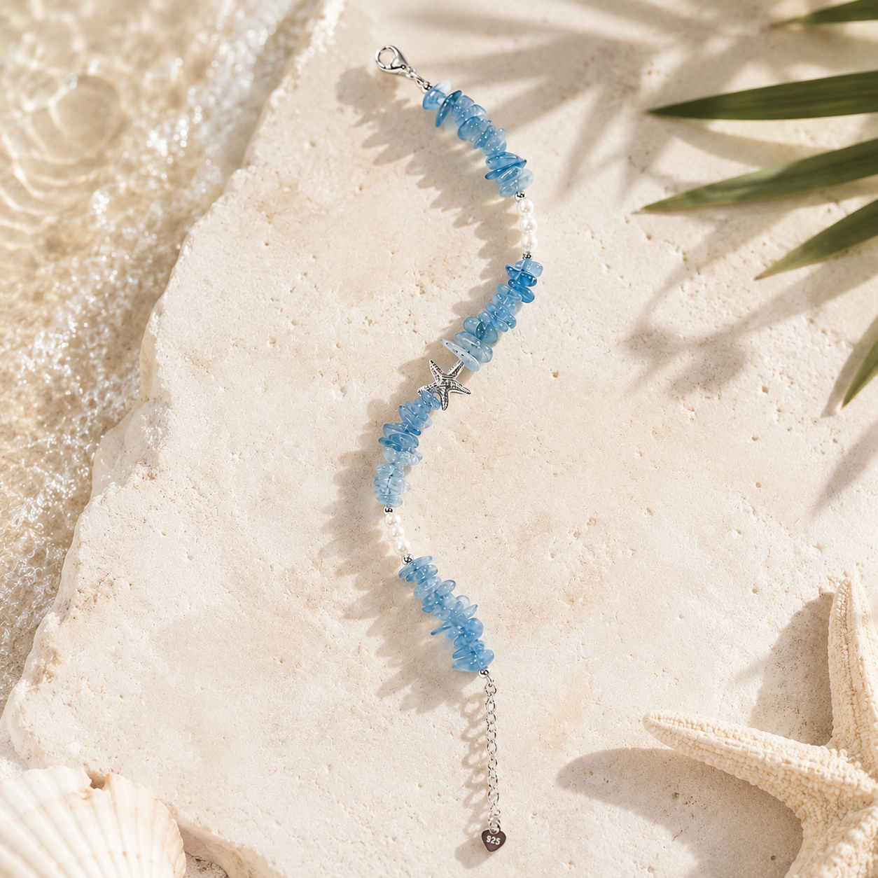 Natural Aquamarine & Freshwater Pearl Starfish Bracelet