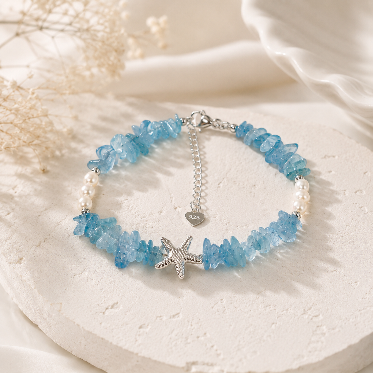 Natural Aquamarine & Freshwater Pearl Starfish Bracelet