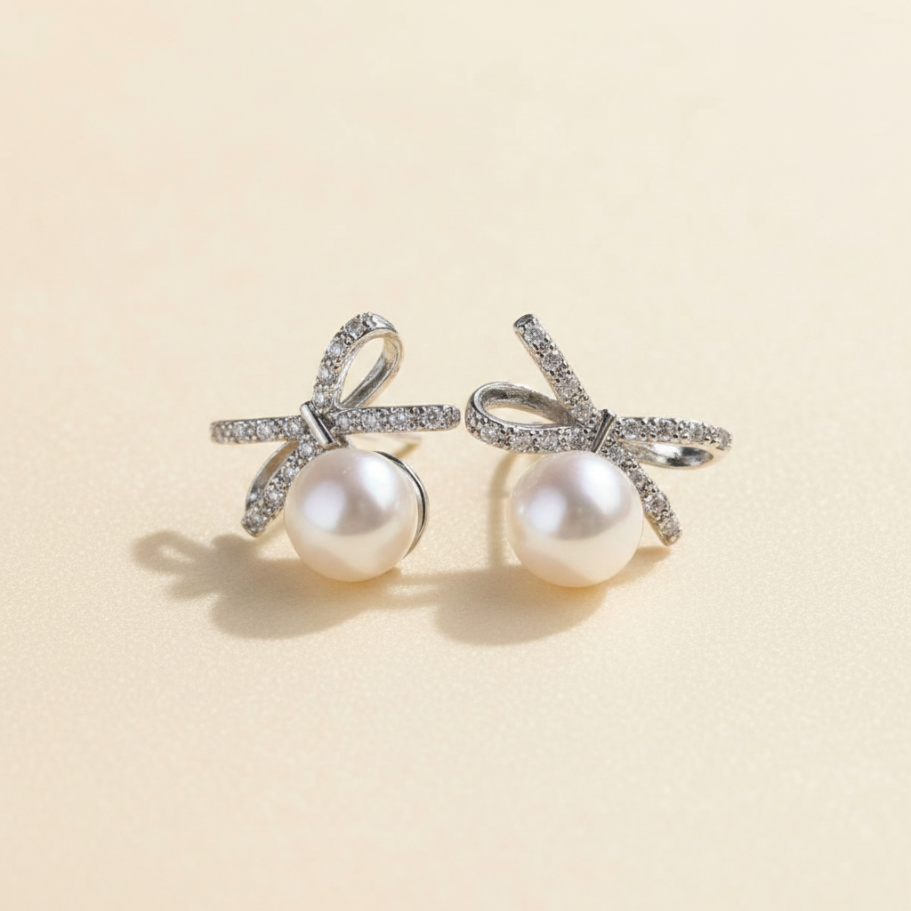 Pearl Bow Stud Earrings - Ivory Background